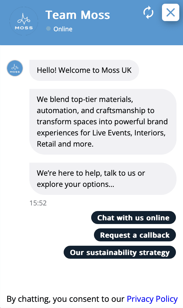 New Moss Chatbot messaging