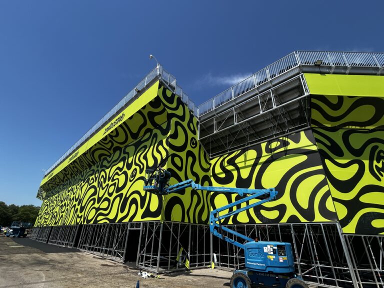 Large-scale event branding at Landostand Silverstone