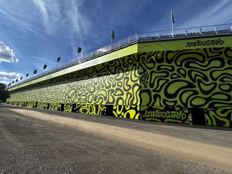 Large-scale event branding at Landostand Silverstone
