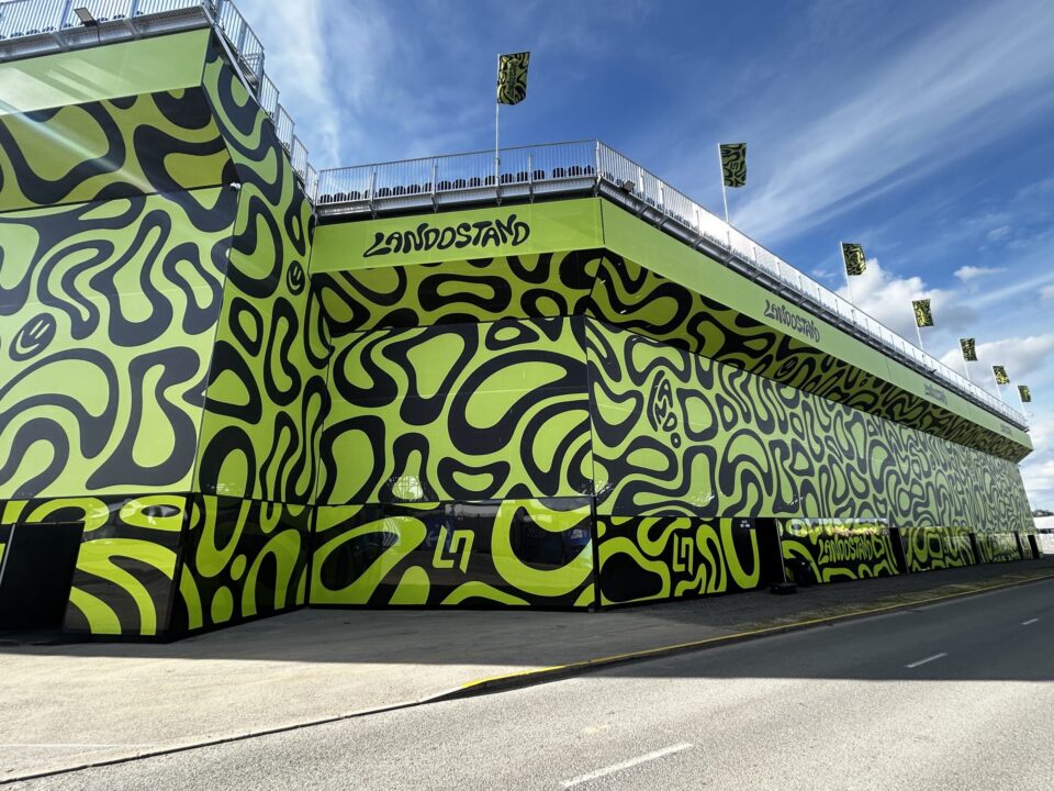 Large-scale event branding at Landostand Silverstone