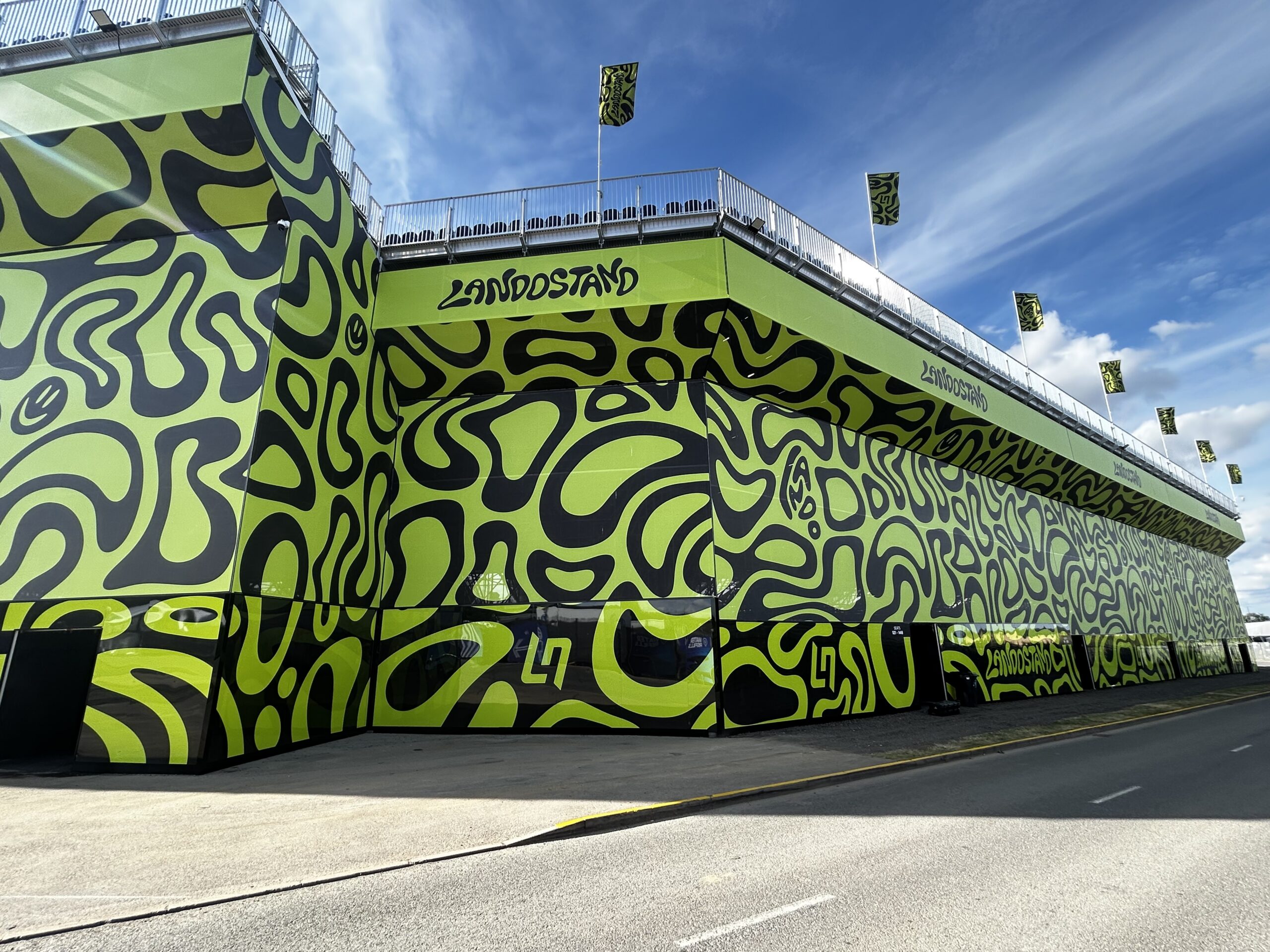 Large-scale event branding at Landostand Silverstone